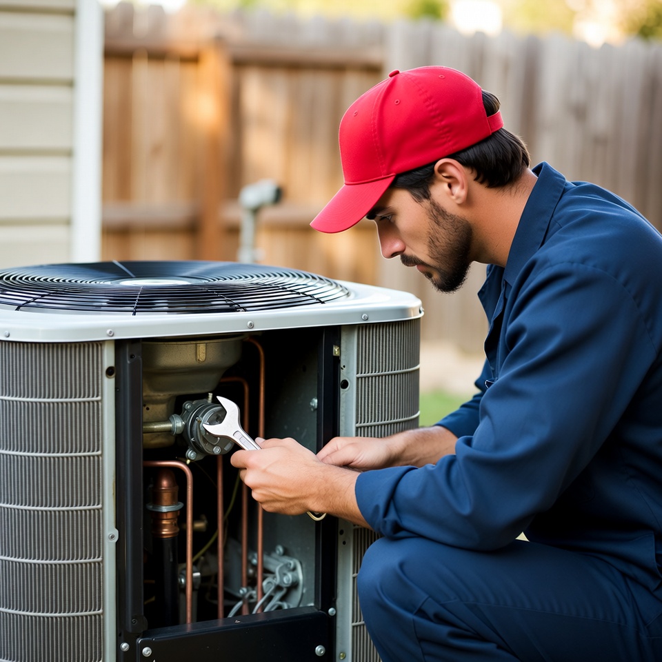 Technician inspecting an outdoor HVAC unit
