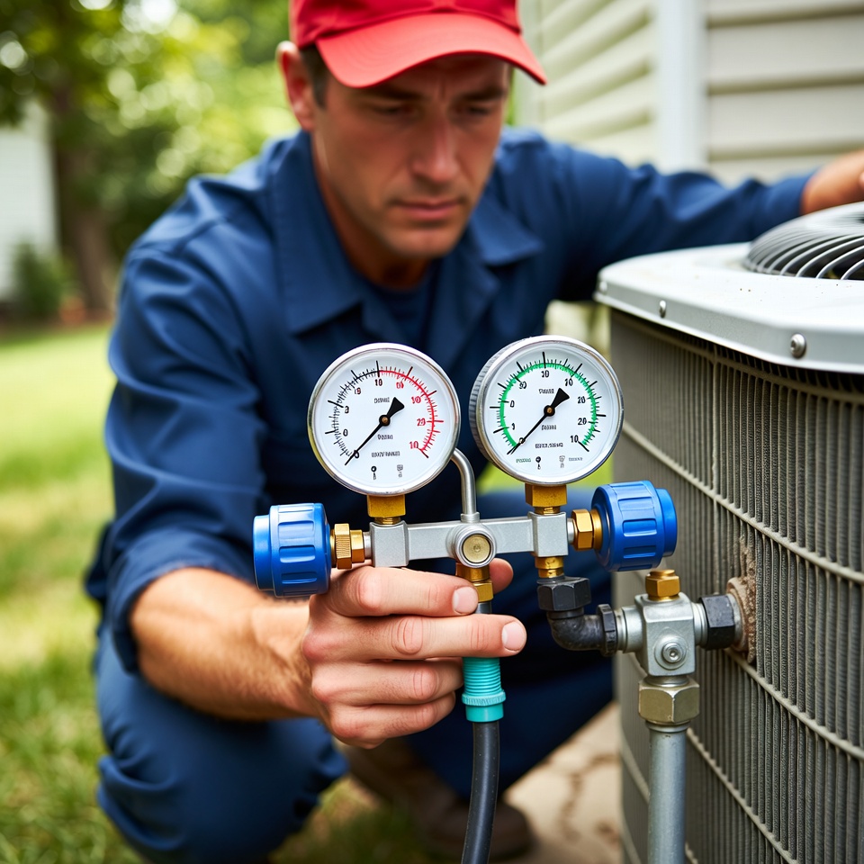 Technician adjusting a refrigerant manifold gauge